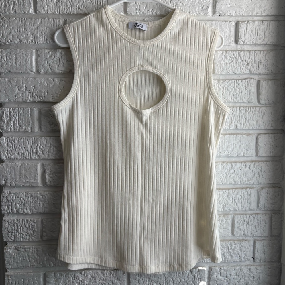 Sleeveless Ribbed Tank with Front Cutout - Cream